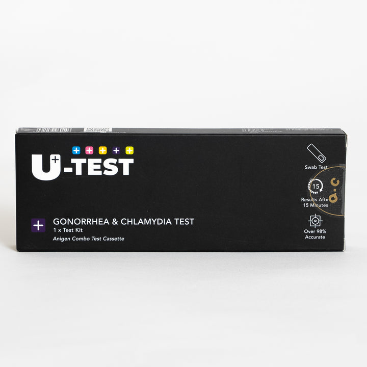 Front of the U-Test Gonorrhoea and Chlamydia test kit carton