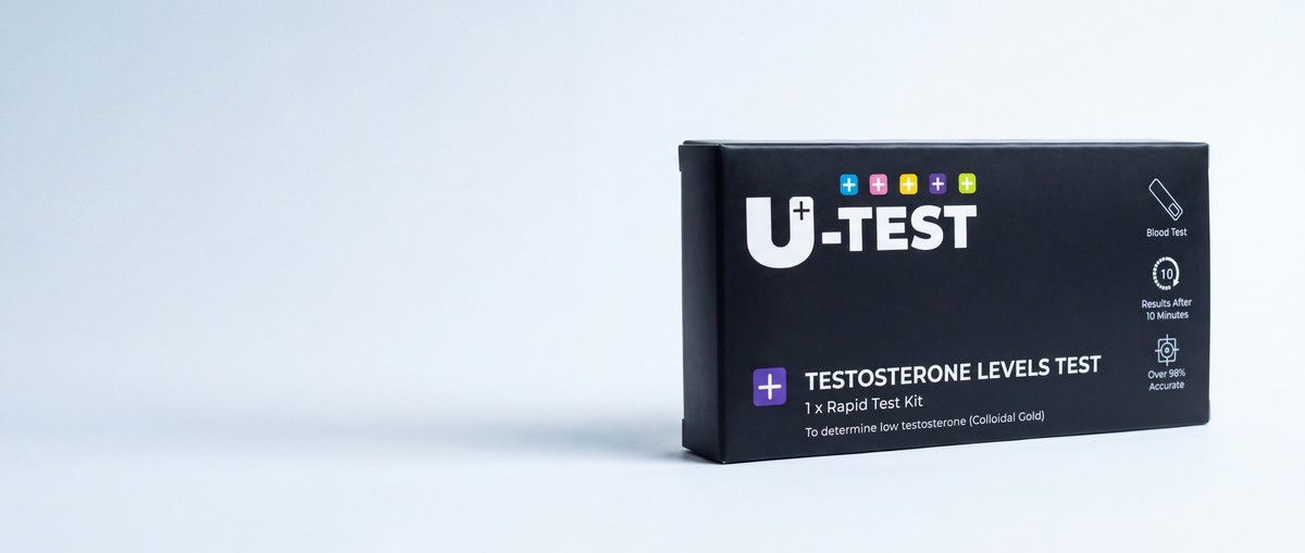 U-Test Testosterone Levels Test kit on a light studio background
