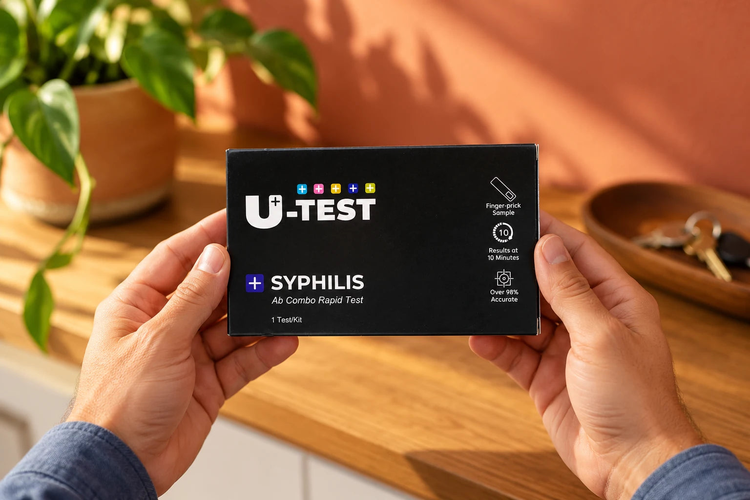 Syphilis Rapid STI Test Kit held in hands at home