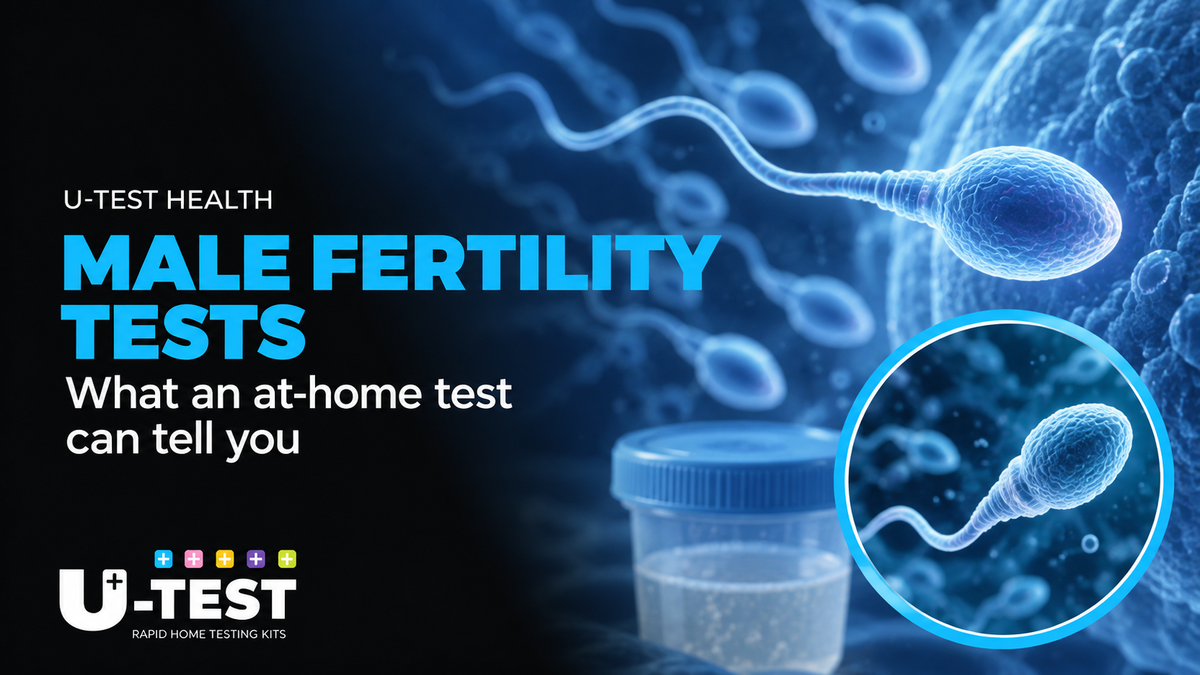 Male fertility testing guide with sperm cell illustration and sample cup.