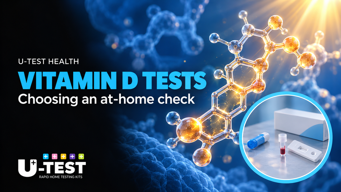 Vitamin D testing guide with a vitamin D molecule and at-home blood test kit.
