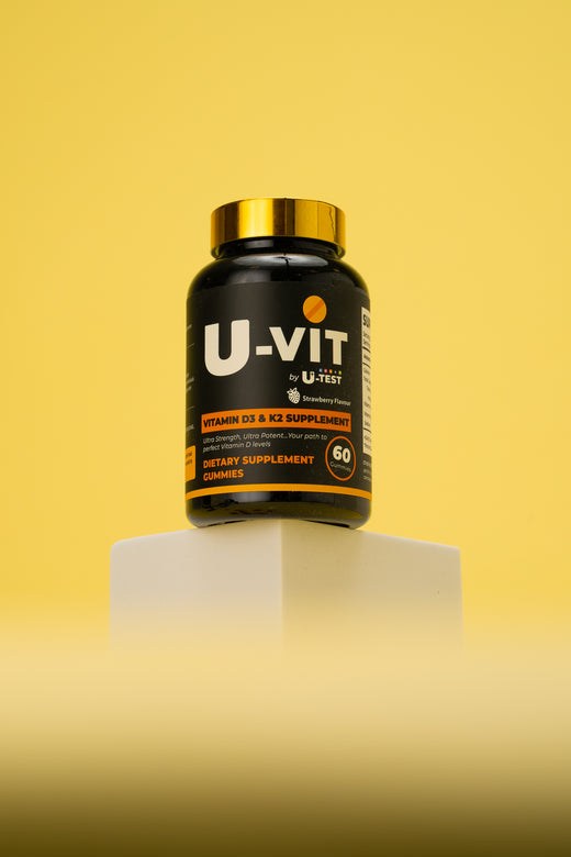 U-VIT Vitamin D and K2 gummies jar on a white plinth against a yellow background