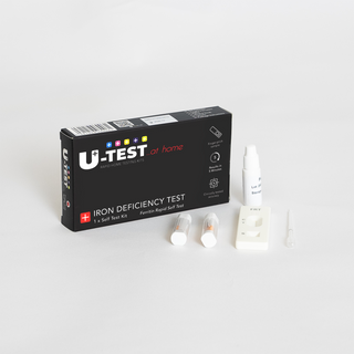 U-Test Iron Deficiency carton with buffer bottle, lancets and test components