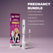 Pregnancy test bundle with U-Test Lollipop and other medical devices on a purple background
