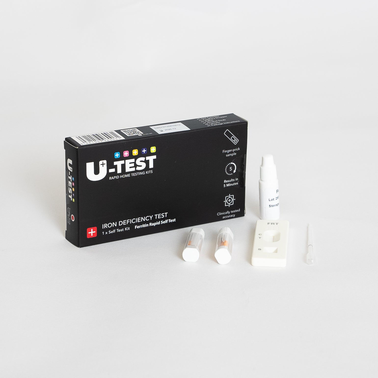 U-Test Iron Deficiency Home Test Kit Contents for measuring Iron levels and detecting Anaemia