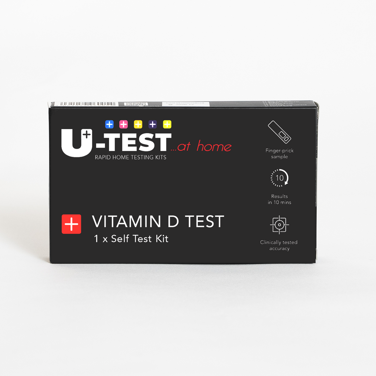 U-Test Vitamin D rapid test kit, front of the black retail carton