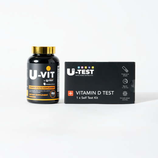 U-Test Vitamin D rapid test kit carton beside a jar of U-VIT Vitamin D gummies