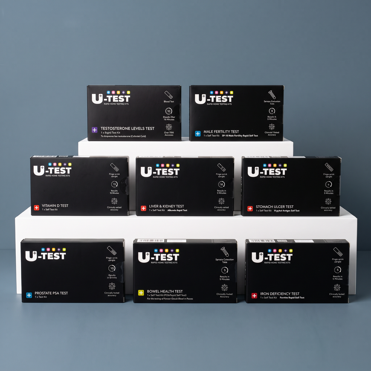 U-Test Full Male MOT Bundle featuring eight at-home tests including testosterone, male fertility, vitamin D, liver and kidney, H. pylori, PSA, bowel health and iron deficiency.