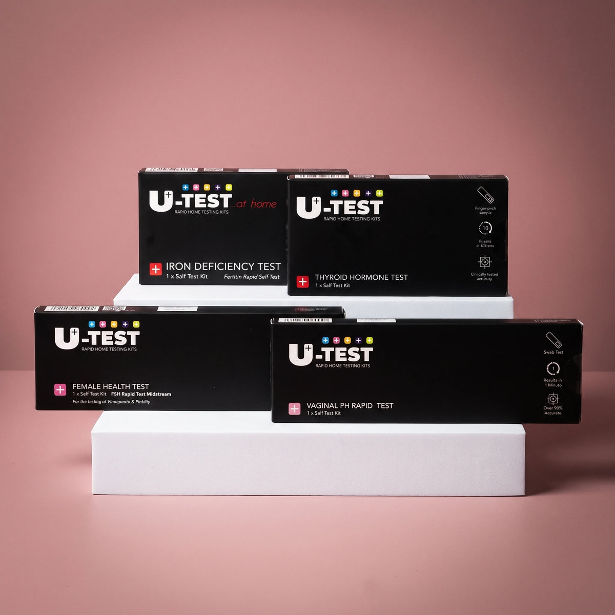 U-Test Women's Health Bundle featuring four at-home tests for vaginal pH, thyroid health, female FSH and iron deficiency.