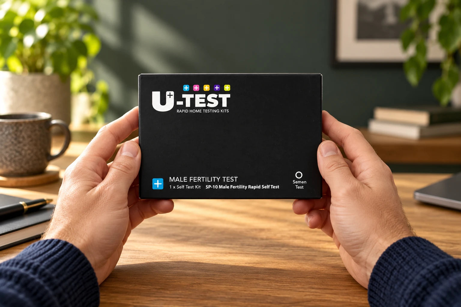 Male Fertility Test Kit | At-Home Sperm Test held in hands at home