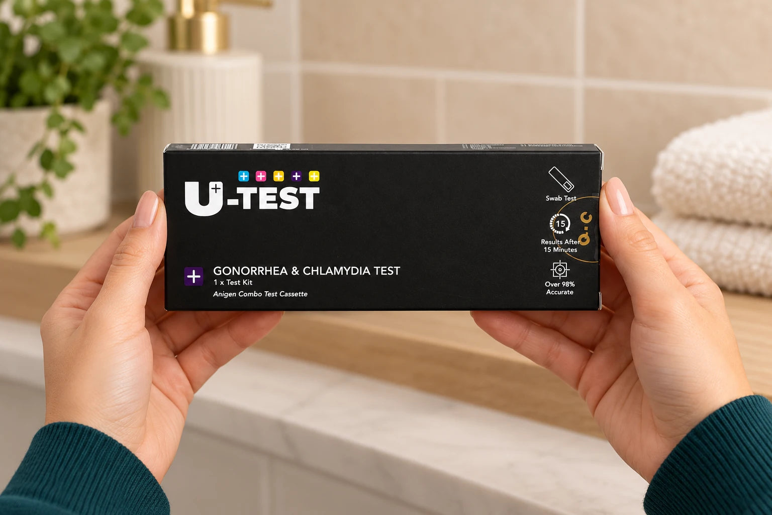 STI Gonorrhoea & Chlamydia Combo Test Kit | STI Screening Rapid Test Kit held in hands at home