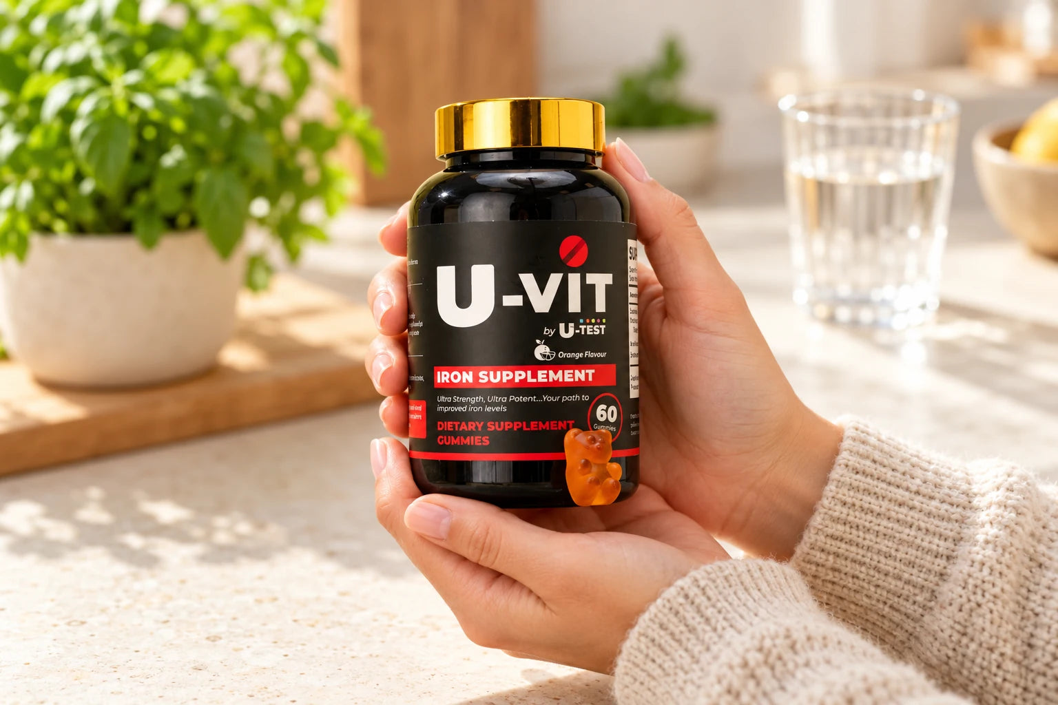 U-VIT by U-Test Iron Gummies Supplement held in hands at home