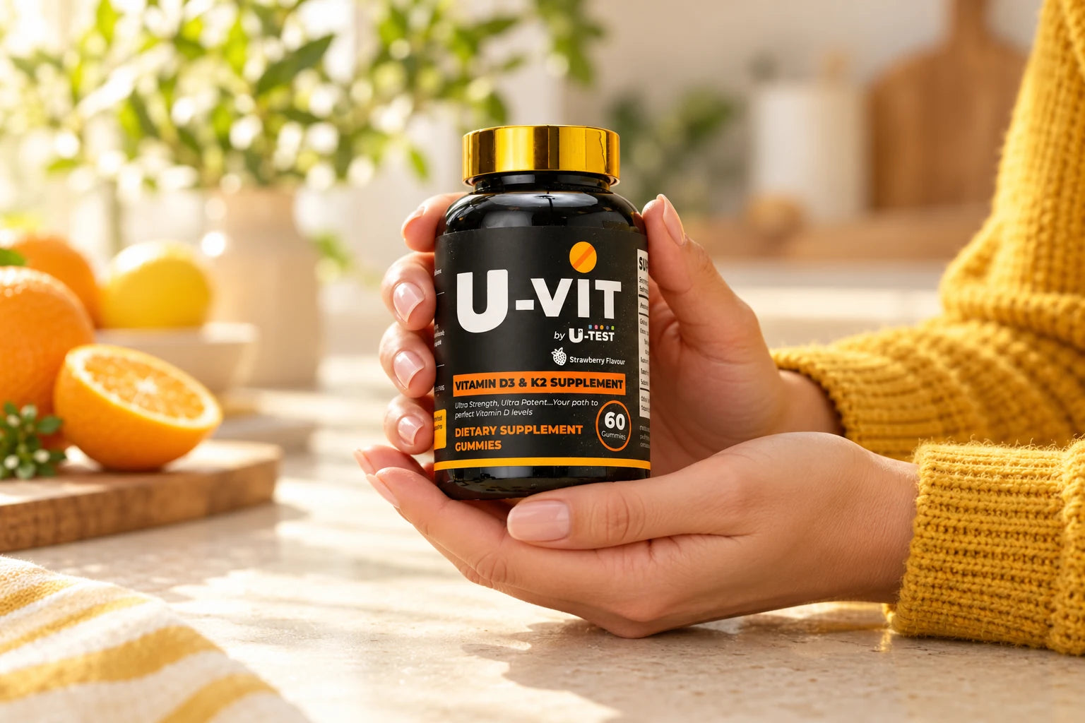 U-VIT by U-Test Vitamin D and K2 Gummies held in hands at home
